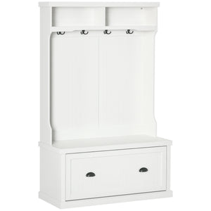 64.5" H Hall Tree with Storage Drawer & Top Shelf, Coat Rack Wooden Entryway Storage Bench Hall Tree Hallway Clothes Bag Coat Rack 4 Hooks, White