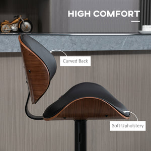 Bar Stools Set of 2, Modern PU Leather Adjustable Swivel Barstools with Curved Back, Footrest and Steel Base, Black