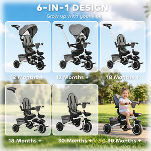 Aosom Tricycle for Toddler 6-in-1 Kids Trike, Foldable Converts Stroller to Baby Push Bike, Adjustable Backrest with Detachable Guardrail & Handle, Brake for 1-4 Years Old