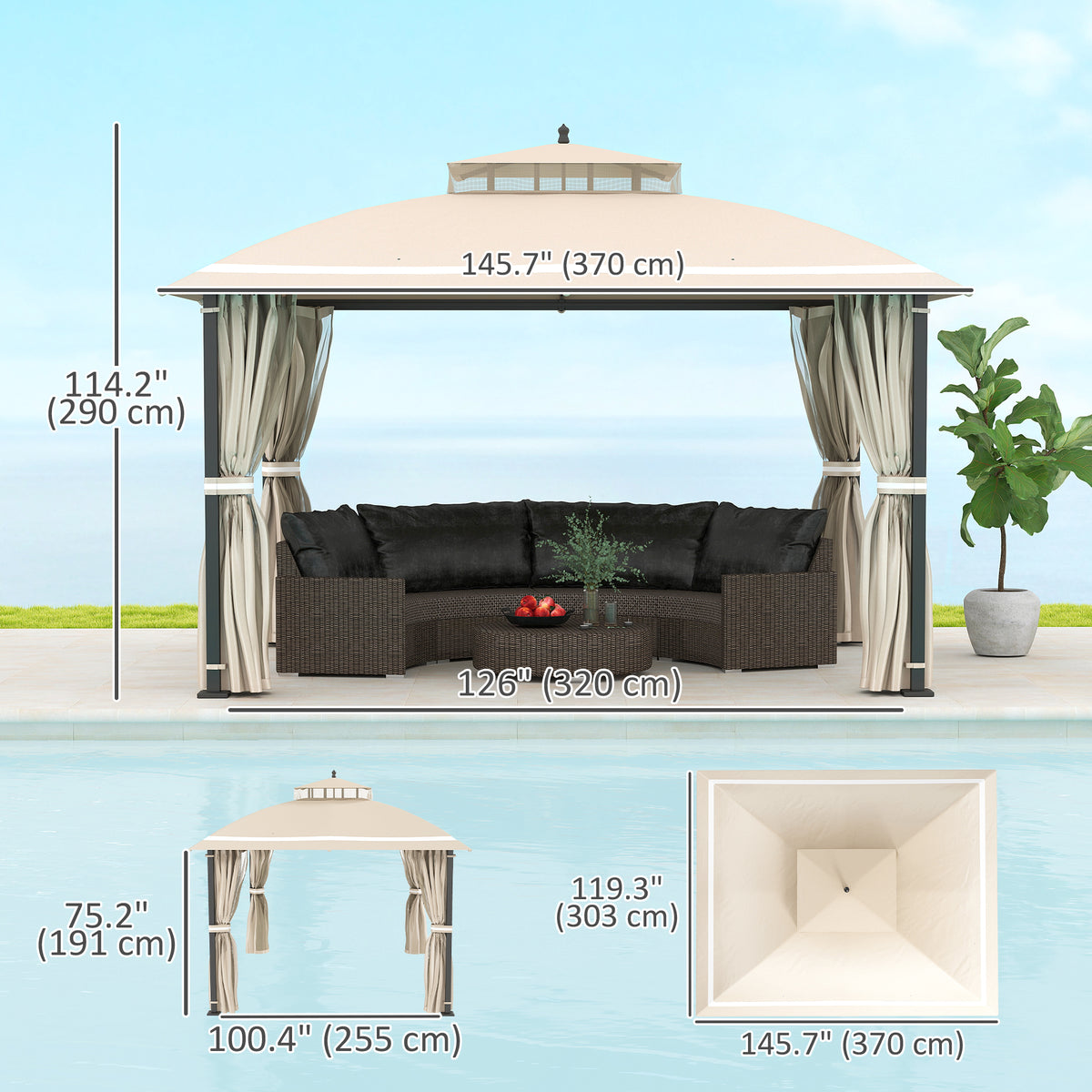 10' x 12' Outdoor Gazebo, Double Roof Patio Gazebo Canopy with Netting and Curtains for Garden, Lawn, Backyard, Deck