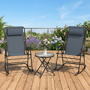 3pc Patio Rocking Chair Set, Folding Outdoor Rocking Chairs and Table Bistro Set w/ Breathable Mesh Seat – view 14