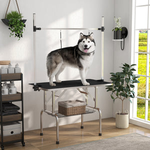 Adjustable Dog Grooming Table with 2 Safety Slings, Storage Basket, Black – view 7