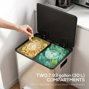 2 x 30L / 7.9 Gallon Dual Trash Can with Removable Inner Buckets and Handles for Kitchen, Office, Bathroom, Silver