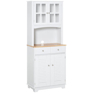 Coastal Style Kitchen Buffet and Hutch Wooden Storage Cupboard with Framed Glass Door LouveredCabinet Drawers Microwave Space for Dining Room Living Room White