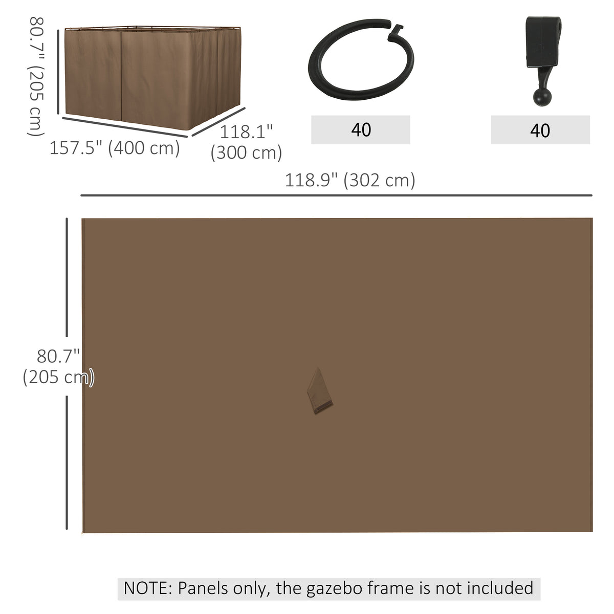 Gazebo Curtains, 10' x 10' Universal Replacement Privacy Curtain, 4-Panels Sidewall with Hooks/C-Rings, Brown