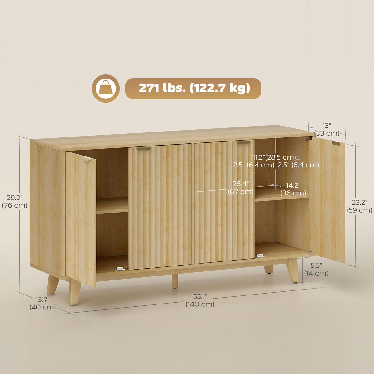 Fluted Sideboard Buffet Cabinet, 55" Coffee Bar Cabinet with 4 Doors, 2 Adjustable Shelves, 5 Wood Legs, Nature Wood
