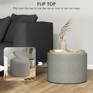Round Coffee Table, End Table with Hidden Storage and Tray Top, Linen Upholstered Footrest for Living Room