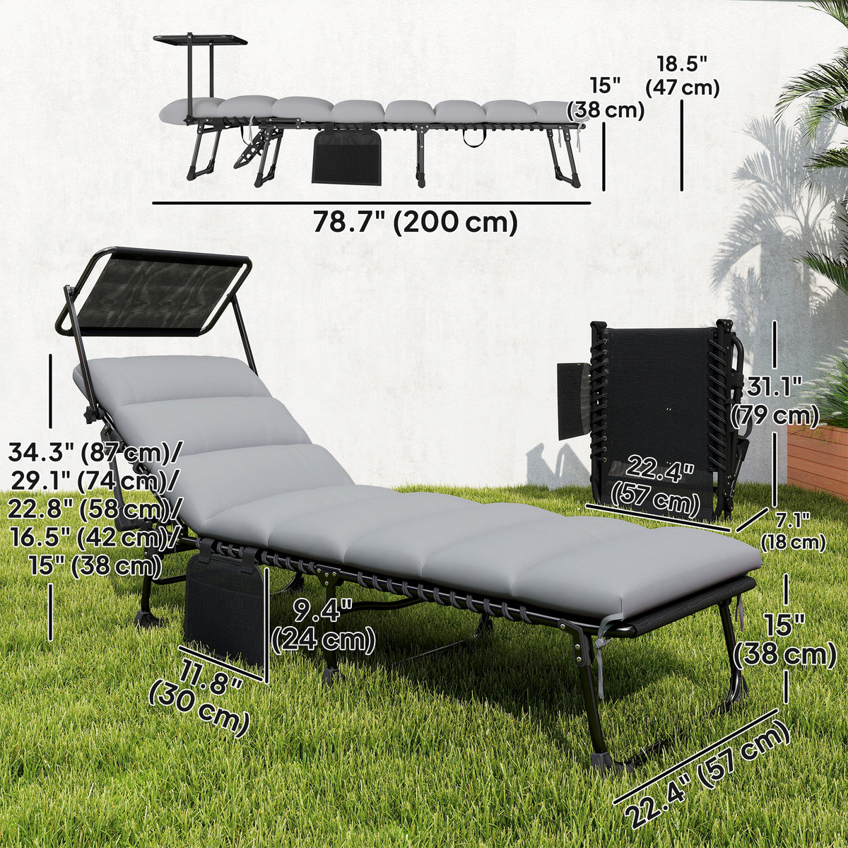 Outdoor Chaise Lounge Chairs, 2 PCS Folding Lounge Chairs with Adjustable 5-Position, Cushion, Canopy, Side Pocket