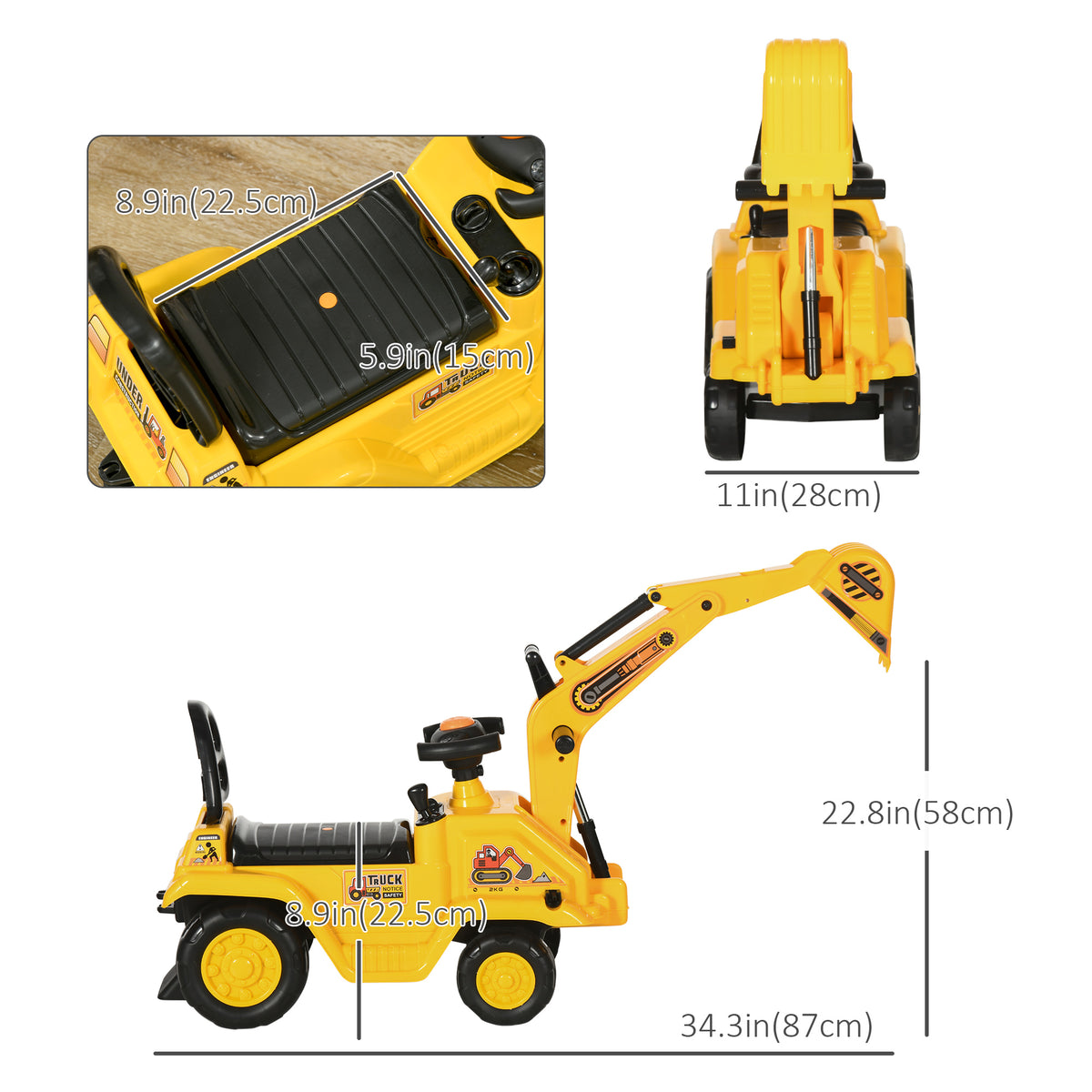 Ride-On Toy Excavator with Digger Scooter Steering Wheel Storage Toddlers for 18-48 Months, Yellow