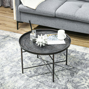 Vintage Coffee Table for Living Room, 24" Round Center Table with Hammered Tray Top and Metal Frame, Pewter