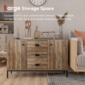 Industrial Sideboard Buffet Storage Cabinet Cupboard with 2 Doors, 3 Drawers and Shelves for Dining Room, Living Room, Brown