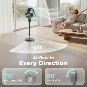 20dB Standing Fan for Bedroom, 70°+90° Auto Oscillating Fan with 8 Speeds, Remote Control, 12H Timer, Adjustable Height