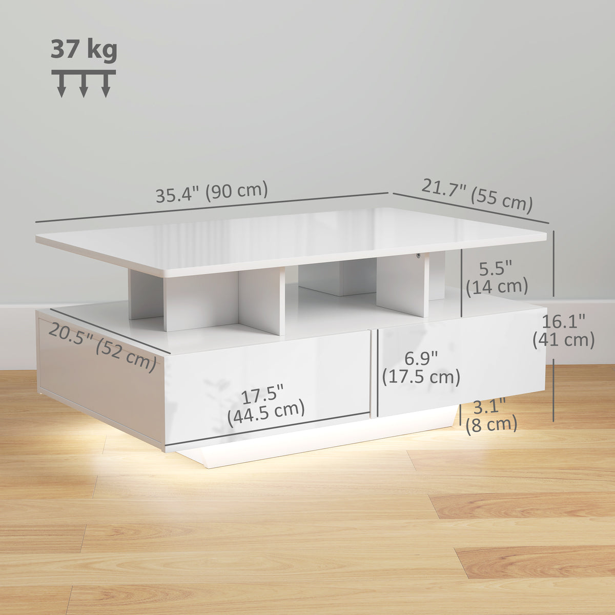 Coffee Table with RGB LED Lights, Modern Living Room Table with 4 Drawers, Open Shelf, Remote Control, High Gloss White