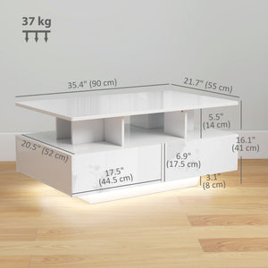 Coffee Table with RGB LED Lights, Modern Living Room Table with 4 Drawers, Open Shelf, Remote Control, High Gloss White