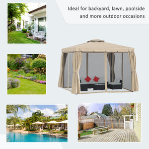 10' x 10' Deck Gazebo with Curtains & Mesh Screen Drapes, Double Roof Canopy Polyester Shade for Backyard Garden, Khaki