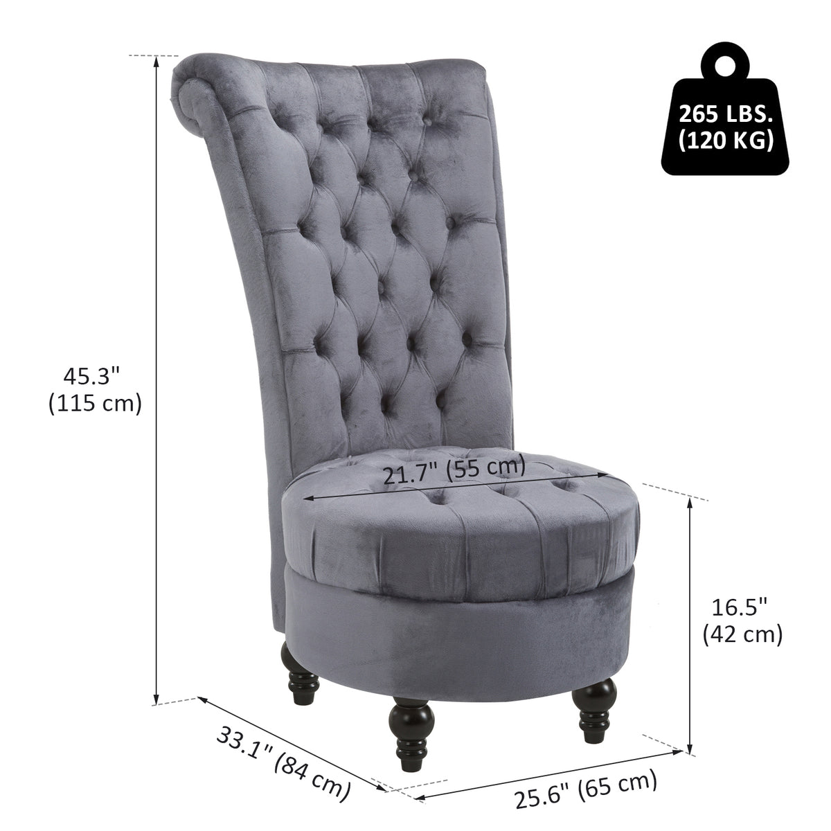 45" Tufted High Back Velvet Accent Chair Living Room Soft Padded Couch Lounge Ash Grey