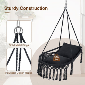 Macrame Swing Chair Hammock Chair with 2 Removable Cushions-Black view 7