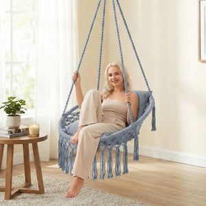 Macrame Swing Chair Hammock Chair with 2 Removable Cushions-Grey view 2