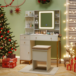 Makeup Dressing Table and Stool set with 3 Lighting Modes and Cabinet-White view 2