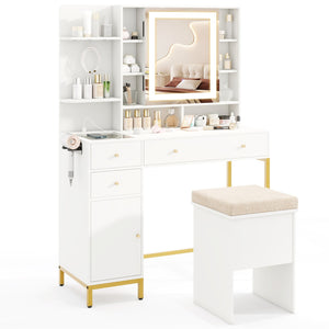 Makeup Dressing Table and Stool set with 3 Lighting Modes and Cabinet-White view 4