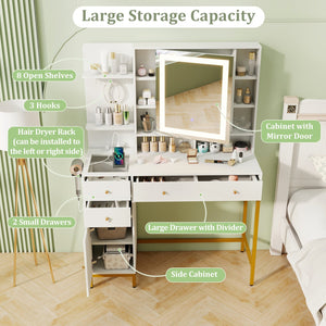 Makeup Dressing Table and Stool set with 3 Lighting Modes and Cabinet-White view 7