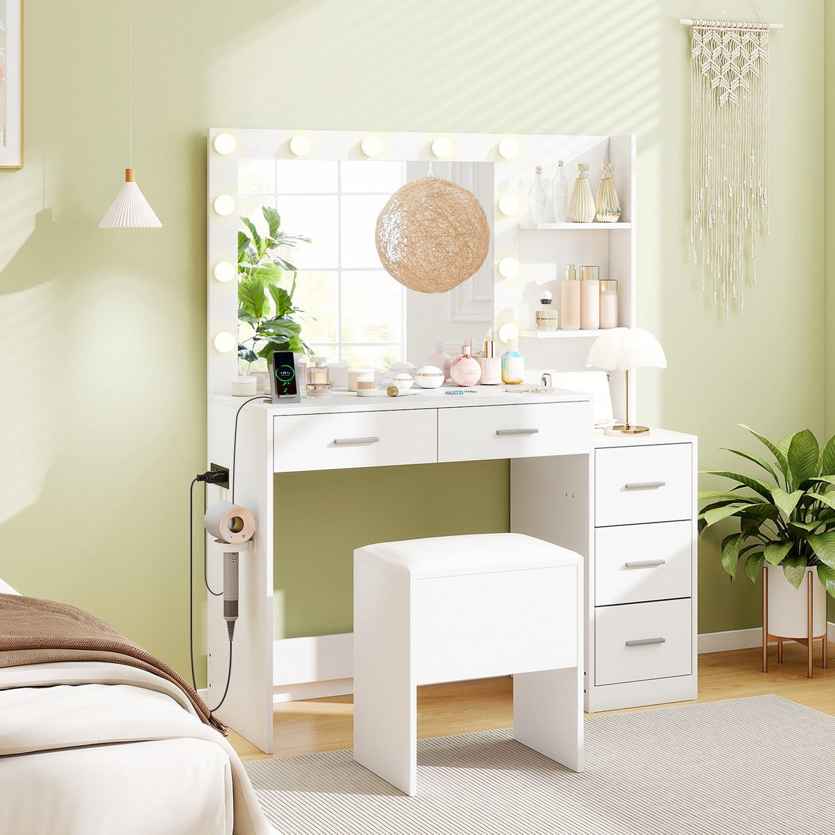 Makeup Table and Stool Set with Hair Dryer Stand-White view 2