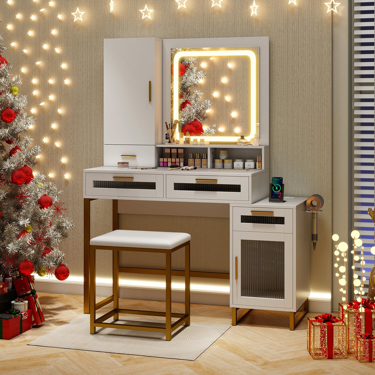 Makeup Vanity Desk Dressing Table and Stool Set with Lighted Mirror-White view 2