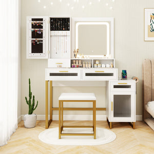 Makeup Vanity Desk Dressing Table and Stool Set with Lighted Mirror-White view 3