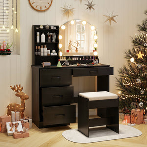 Makeup Vanity Desk Dressing Table and Stool Set with Mirror and Lights-Black view 2