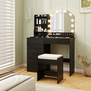 Makeup Vanity Desk Dressing Table and Stool Set with Mirror and Lights-Black view 5