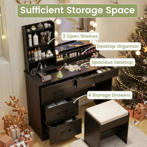 Makeup Vanity Desk Dressing Table and Stool Set with Mirror and Lights-Black view 7