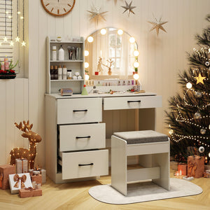 Makeup Vanity Desk Dressing Table and Stool Set with Mirror and Lights-White view 5