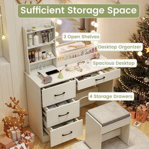 Makeup Vanity Desk Dressing Table and Stool Set with Mirror and Lights-White view 7