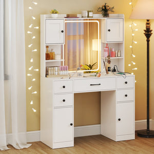 Makeup Vanity Desk with Lighted Mirror and Charging Station-White view 2