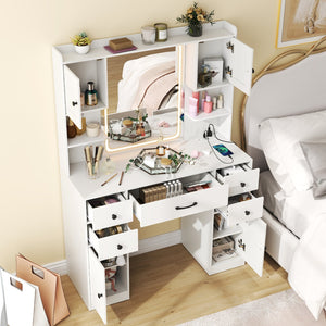 Makeup Vanity Desk with Lighted Mirror and Charging Station-White view 3
