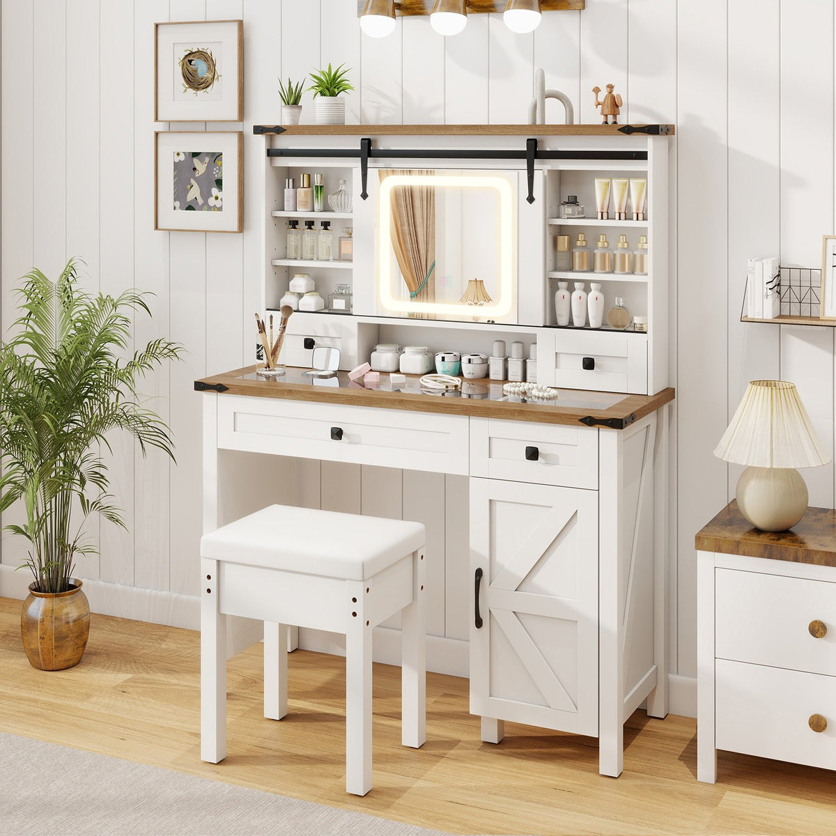 Makeup Vanity Desk with Mirror and 3-Color Dimmable LED Lights-White view 2