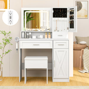 Makeup Vanity Desk with Mirror and Lights Dressing Table and Stool Set-White view 3