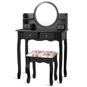 Makeup Vanity Table Set Girls Dressing Table with Drawers Oval Mirror-Black view 6