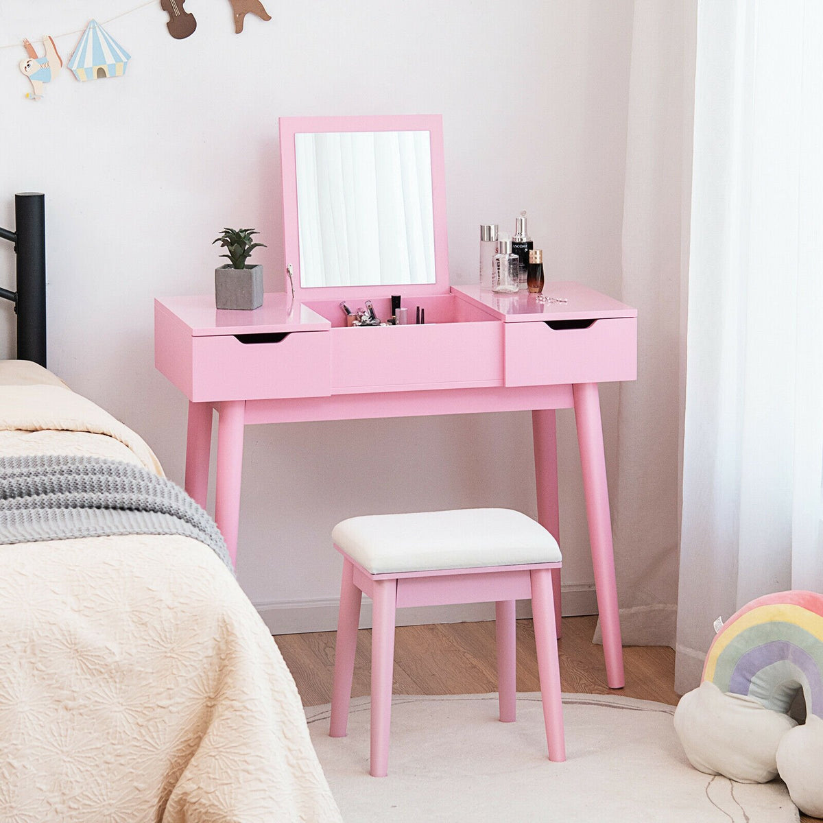 Makeup Vanity Table Set with Flip Top Mirror and 2 Drawers-Pink view 2
