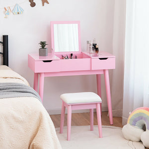 Makeup Vanity Table Set with Flip Top Mirror and 2 Drawers-Pink view 2