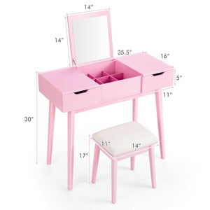 Makeup Vanity Table Set with Flip Top Mirror and 2 Drawers-Pink view 4