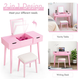 Makeup Vanity Table Set with Flip Top Mirror and 2 Drawers-Pink view 5