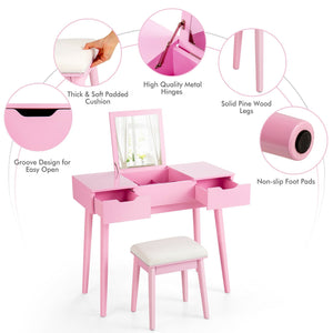 Makeup Vanity Table Set with Flip Top Mirror and 2 Drawers-Pink view 9