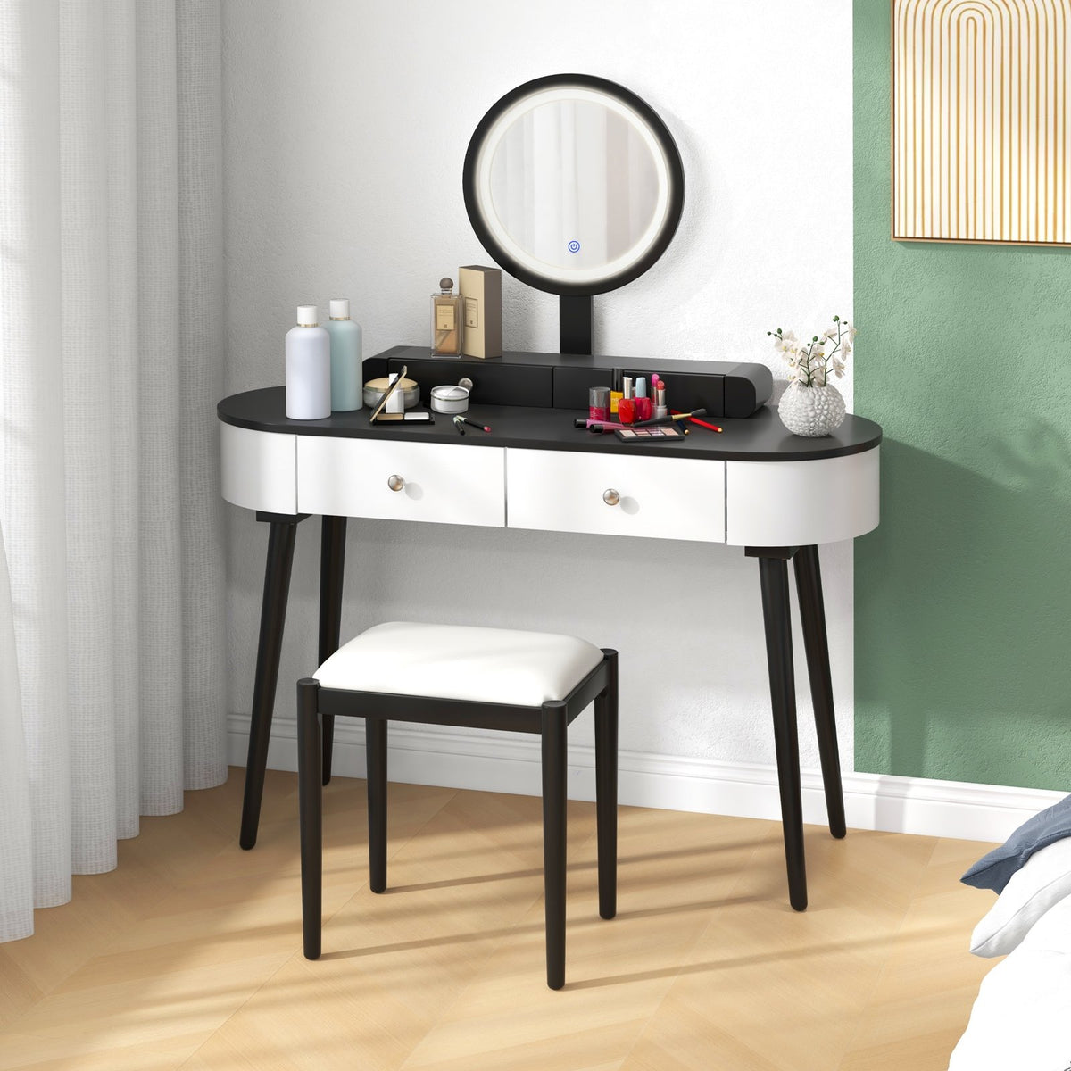 Makeup Vanity Table Set with LED Mirror and 3 Spacious Drawers-White-Dark Wood view 2