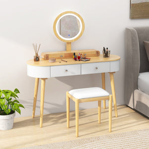Makeup Vanity Table Set with LED Mirror and 3 Spacious Drawers-White-Natural Wood view 2