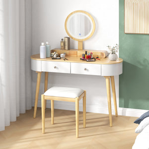 Makeup Vanity Table Set with LED Mirror and 3 Spacious Drawers-White-Natural Wood view 3