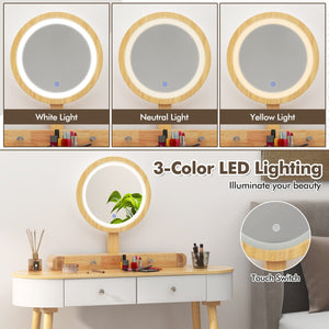 Makeup Vanity Table Set with LED Mirror and 3 Spacious Drawers-White-Natural Wood view 9