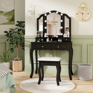 Makeup Vanity Table Set with Lighted Mirror and Drawers-Black view 2