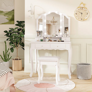 Makeup Vanity Table Set with Lighted Mirror and Drawers-White view 2