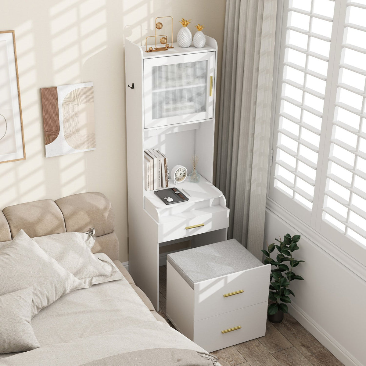 Makeup Vanity with Power Outlets and Flip-top Mirror and Storage Stool-White view 2